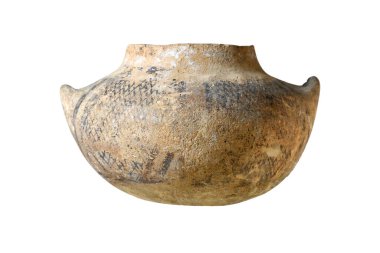 Bronz Çağı 'ndan kalma siyah desenli ve beyaz arka planda iki sapı olan eski bir vazo.