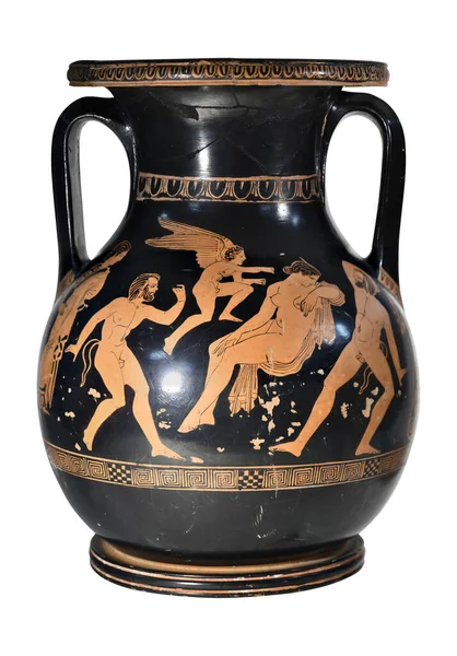 Eine Altgriechische Schwarze Vase Mit Abbildungen Mythischer Figuren Auf Weißem Stockbild