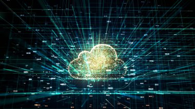 3D illüstrasyon, modern dijital dünyadaki bulut teknolojisinin sembolü rastgele esrar kodları ve bulut sembolünün etrafındaki diğer dijital gürültü.
