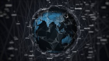 Toprak küresinin geometrik kaosta üç boyutlu çizimi dijital gürültü cadısı rastgele numaralar, teknolojik arkaplan illüstrasyonları
