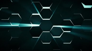 Üç boyutlu fütüristik animasyon arka planı çalkantılı dönen siyah altıgen fayanslar ve toksik fon ışığı, soyut canlı duvar kağıdı