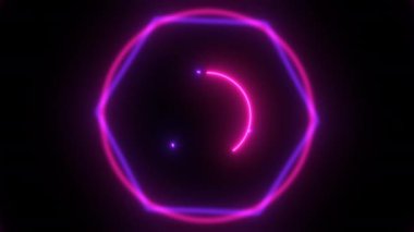 Neon altıgenli soyut arkaplan ve tünel etkisiyle kamera üzerinde hareket eden daire şekilleri. Kusursuz döngü 4K neon animasyonu