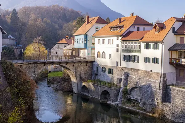 Capuchin Bridge Skofja Loka Selska Sora River Μεσαιωνική Πόλη Στη Φωτογραφία Αρχείου