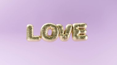 Açık pembe arka planda altın folyo materyaliyle havada asılı duran şişirilmiş balon şeklinde üç boyutlu aşk mektupları tasviri, CGI Sevgililer Günü şablonu