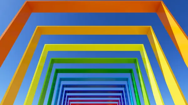 蓝天日光下彩虹色正方形拱门的3D渲染 抽象的建筑模板 免版税图库照片