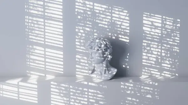 灯光客厅的3D图片说明 窗帘看不见 树木摇曳在身后 大卫的半身像在架子上 内墙墙纸 图库图片