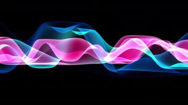 Siyah arkaplan üzerindeki holografik renklerde şeffaf dalga biçimlerinin 3 boyutlu canlandırması, renkli alev soyutlamasının 4K animasyonu