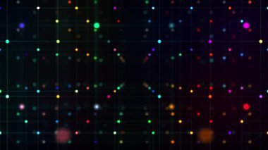 Birçok bağlantılı renkli noktadan oluşan kameranın gelecekteki üç boyutlu renkli geometrik animasyonu alan etkisine sahip bir çizgi. 4K animasyon duvar kağıdı
