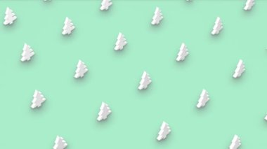 İzometrik görüntüde beyaz noel ağacı şekillerinin soyut üç boyutlu animasyon şebekesi. Bilgisayar tarafından üretilen döngü animasyonu. Noel tatili modeli, 4K kusursuz hareket tasarımı