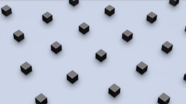 Açık mavi arkaplanda izometrik görüntüde düzgün hareket eden küp şekillerinin gelecekteki 3D görüntüsü. Bilgisayar tarafından üretilen döngü animasyonu. 4K kusursuz hareket tasarımı