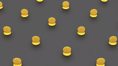 İzometrik görüntüde bitcoin sembolü olan bozuk para şebekelerinin gelecekteki 3D animasyonu ve kusursuz hareket eden kamera. Şifreli kalıp, 4K kusursuz şifreleme arkaplanı