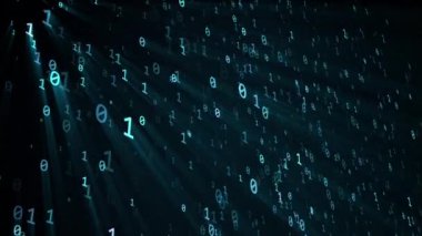 Bulut teknolojisi kavramı, kaotik olarak yavaş hareket eden sıfır ve siyah arkaplandaki ikili kodların sembolü olarak bir gerçek rakam, ışınlı 4K teknik animasyon.