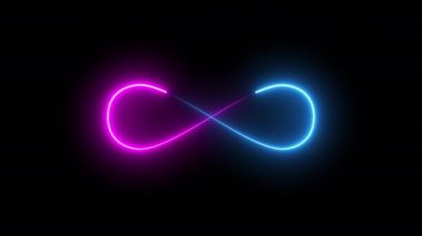Neon sonsuzluk işaretinin soyut neon arka planı, her iki tarafa doğru hızla hareket eden mavi ve pembe ışınlar. parlayan çizgiler, 4K canlandırma şablonu