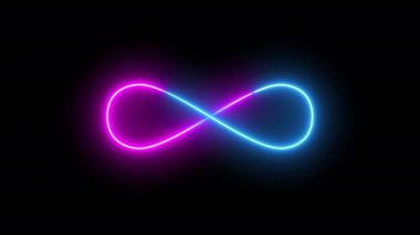Neon sonsuzluk işaretinin soyut neon arka planı, her iki tarafa doğru hızla hareket eden mavi ve pembe ışınlar. parlayan çizgiler, 4K canlandırma şablonu