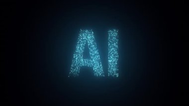 Yapay zeka teknolojisi kavramı, kaotik olarak yavaş hareket eden sıfırın dinamik animasyonu ve ikili kodun sembolü olarak bir gerçek rakam siyah arkaplanda 3 boyutlu yapay zeka harfleri, 4K teknik animasyon