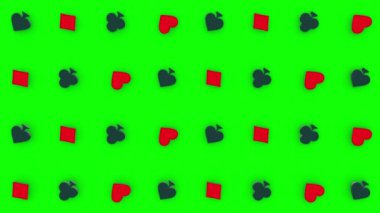 Üç boyutlu kumar animasyonu dört iskambil kartının kalp, maça, elmas ve golf sopası şekilleri yeşil arka planda, 4K soyut kumar döngüsü geçmişi