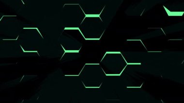 Zehirli yeşil arka ışıklandırmalı altıgen şekilli altıgen şekilli fütüristik animasyon arkaplanı, rastgele nesnelerin yer değiştirdiği en az altıgen karo deseni, 4K canlı duvar kağıdı