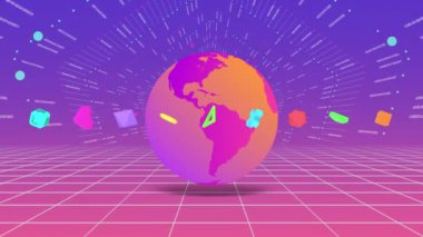 Sonsuz uzay, dinamik kablolar, dijital tünel, 3D uygulama şekilleri ve Dünya 'nın dönüşümlü küresi, 4K kusursuz bilim kurgu animasyonuyla meta-evrenin 3D fütüristik görselleştirilmesi.