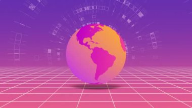 Sonsuz uzay, dinamik kablo, dijital gürültü, 3D uygulama şekilleri ve Dünya 'nın dönüşümlü küresinin 3 boyutlu fütüristik görselleştirilmesi, 4K kusursuz bilim kurgu animasyonu