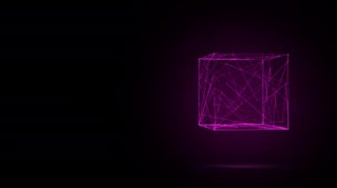 Geleceğin 3 boyutlu animasyonu, çizgiler ve noktalardan oluşan dönen bir neon pembe şeffaf küp, 4K soyut geometrik animasyon arkaplan