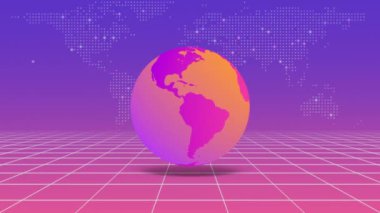 Sonsuz uzayı, dinamik kablo çerçevesi, Dünya haritası ve küresi, 4K kusursuz bilim-kurgu animasyonlu arka planı olan meta-evrenin 3 boyutlu fütüristik görselleştirilmesi
