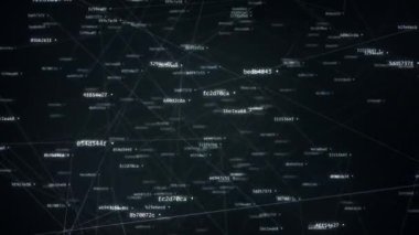 Küresel dijital kelime, modern dijital dünyadaki bulut teknolojisinin sembolü rastgele hash kodları ve diğer dijital gürültüler, 4K teknik arka plan