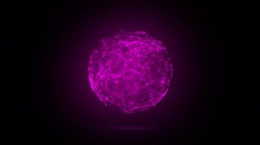 Geleceğin 3 boyutlu animasyonu, çizgiler ve noktalardan dönen bir neon pembe şeffaf küre, 4K soyut geometrik animasyon arkaplan