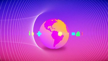 Sonsuz tünel boşluğu olan meta-evrensel sanal dünyanın 3 boyutlu fütüristik görselleştirilmesi, Dünya 'nın etrafında dönen 3D uygulama simgeleri, 4K kusursuz bilim-kurgu animasyonlu arka plan