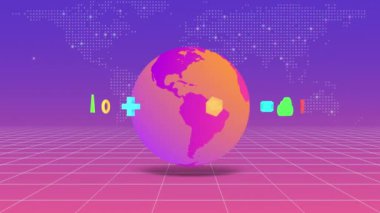 3 boyutlu görselleştirilmiş metaevren, sonsuz kablo çerçeveli sanal dünya, Dünya 'nın etrafında dönen 3 boyutlu uygulama simgeleri, 4K kusursuz bilim kurgu animasyonlu arka plan