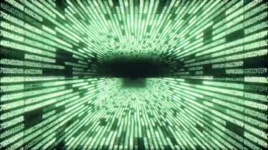 Veri tüneli yolculuğu hesaplanıyor, tünelin kenarlarındaki numaraların animasyonu, dijital bilginin iletimi, 4K teknik animasyon arkaplanı