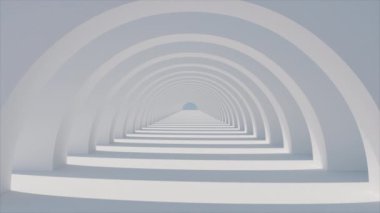 Yavaş uçan kameranın gündüz ışığında beyaz kemer geçidinde 3 boyutlu görüntüsü. Güneş gölgesi altında, 4K kusursuz ilmekli, soyut mimari duvar kağıdı.
