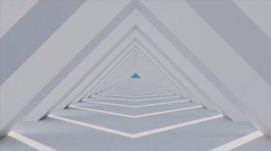 Yavaş uçan kameranın gündüz ışığında üçgen kemer geçitten geçen 3 boyutlu görüntüsü güneş gölgesi, 4K kusursuz döngü soyut mimari duvar kağıdı.