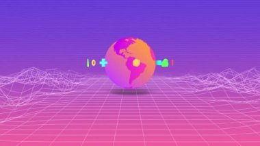 Sonsuz uzayı, dinamik kablo çerçevesi, 3 boyutlu uygulama simgeleri ve Dünya 'nın dönüşümlü dünyasının 3 boyutlu fütüristik görselleştirilmesi, 4K kusursuz bilim kurgu animasyonu