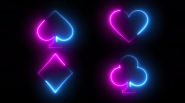 Neon animasyon dört takım oyun kartları kürek kalp elmas ve sopa, 4k kumar animasyonu