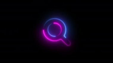 Siyah arkaplanda büyüteç arama işaretinin neon animasyonu, her iki tarafa da mavi ve pembe ışınlar hızla hareket ediyor. parlayan çizgiler, 4K canlandırılmış dikişsiz döngü şablonu