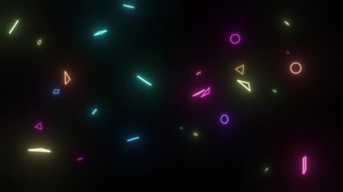 Küçük neon şekillerin soyut animasyon arkaplanı rastgele hareket eden ve dönen 4K animasyon şablonu, canlı duvar kağıdı