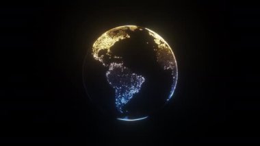 Dünya gezegeninin yarı mavi yarı altın küre dönüşünün animasyonu. Karanlık arka plandaki detaylar, 4K kusursuz döngü dünya animasyonu.