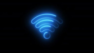 Siyah arka planda kablosuz ağ işaretinin neon animasyonu, hızlı hareket eden mavi ışınlar. parlayan çizgiler, 4K canlandırılmış dikişsiz döngü şablonu