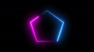 Siyah arka planda beşgen şeklinin neon animasyonu, hızlı hareket eden mavi ışınlar. parlayan çizgiler, 4K canlandırılmış dikişsiz döngü şablonu