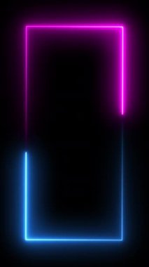 Siyah arkaplandaki çerçevenin neon dikey animasyonu, her iki tarafa doğru hızla hareket eden mavi ve pembe ışınlar. parlayan çizgiler, 4K canlandırılmış dikişsiz döngü şablonu