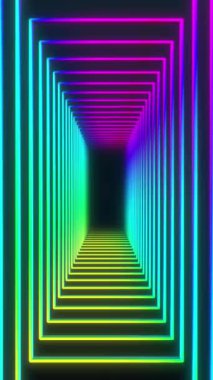 4K dikey animasyon arkaplan döngüsü. 3B neon kare tünel