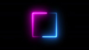 Siyah arkaplanda kare şeklinin neon animasyonu, hareket eden mavi ve pembe parlayan çizgiler, 4K renksiz döngü şablonu