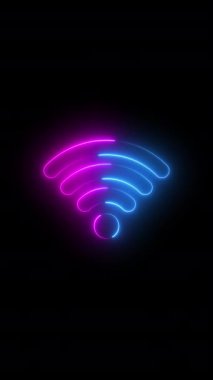 Siyah arkaplanda wifi işaretinin neon animasyonu, mavi ve pembe parlayan çizgiler, sosyal ağ için 4K dikey hareketsiz döngü şablonu
