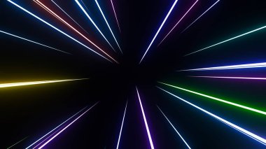 Yükselen renkli neon çizgilerle soyut arkaplan çizimi, 3 boyutlu illüstrasyon