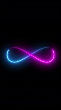 Neon sonsuzluk işaretinin neon dikey arka planı, mavi ve pembe parlayan çizgiler, sosyal ağ için 4K dikey hareketsiz döngü şablonu
