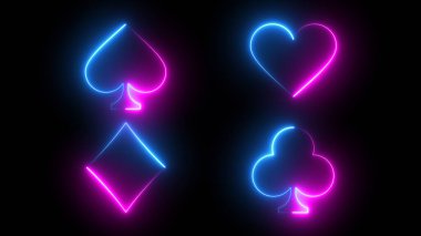 Neon illüstrasyonunda dört adet iskambil kağıdı kürek kalp elması ve siyah arka planda golf sopası, mavi ve pembe parlak çizgiler.
