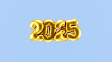 2025 yılbaşı numarasının 3D versiyonu açık mavi arka planda asılı duran altın şişirilmiş balonlar şeklinde, 4K bayram illüstrasyonları