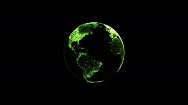 Dünya gezegeninin dönen yeşil parlayan küresinin animasyonu. Karanlık arka planda titreşen detaylar, 4K döngü animasyonu.
