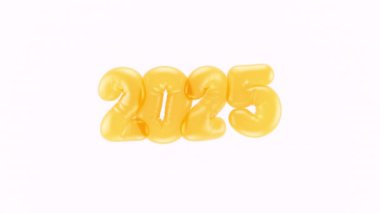 Açık mavi arka planda asılı ince sarı plastik şişirilmiş balonlar şeklinde 3D görüntüleme, 4K yeni yıl bayram animasyon kartı