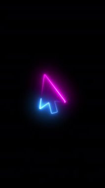 Siyah arkaplan üzerindeki neon fare imleç simgesi, mavi ve pembe parlayan çizgiler, sosyal ağ için 4K dikey hareketsiz döngü şablonu